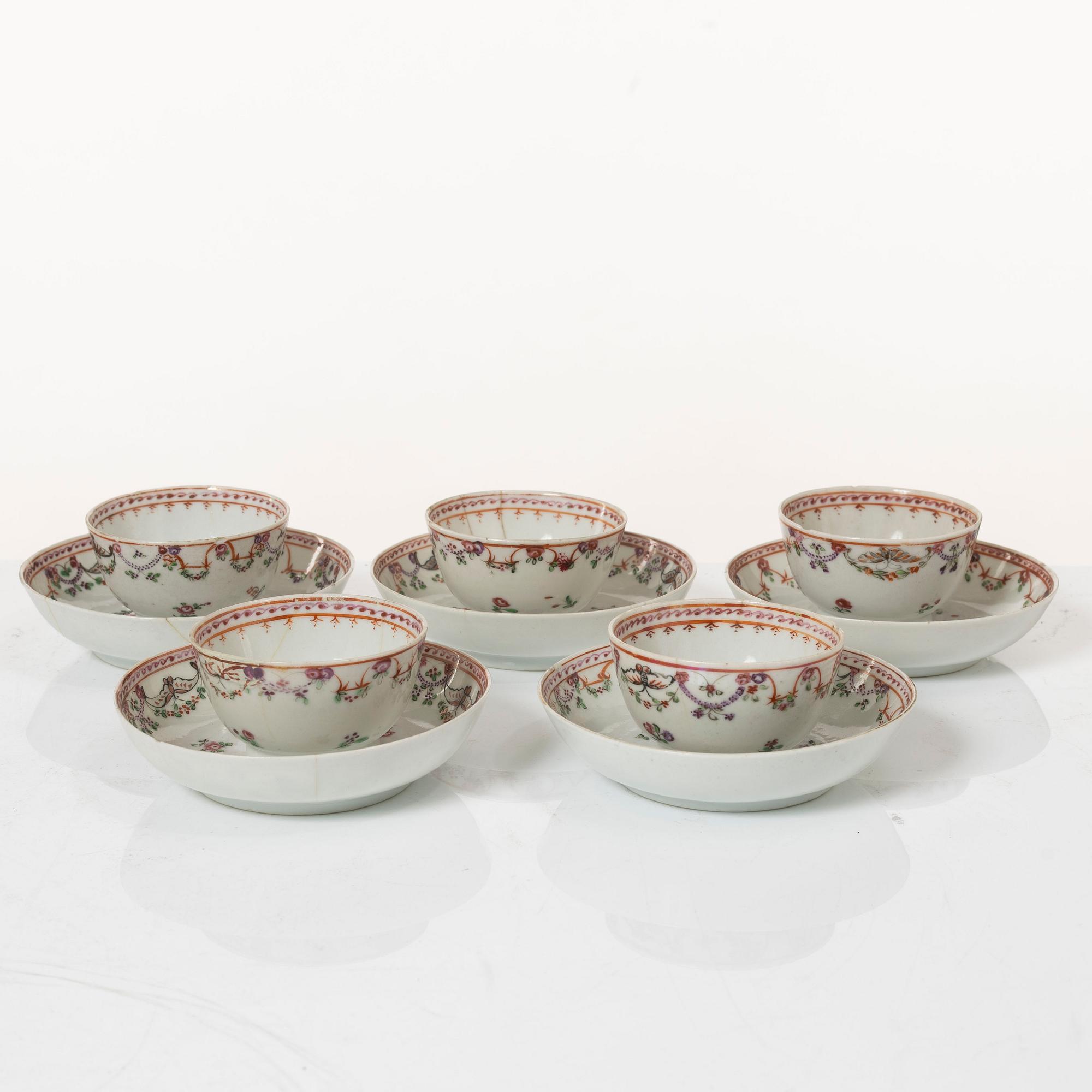 A set of five famille rose tea cups, Qing dynasty, 18th century and a bowl, Qing dynasty, 19th century.