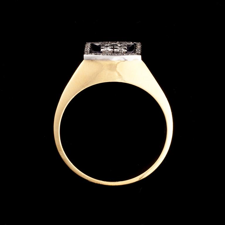 RING och MANSCHETTKNAPPAR, 18K guld, briljantslipade diamanter, emalj. Vikt totalt ca 21,7 g.