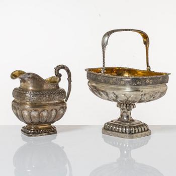 Confectionery bowl and cream jug, low-grade silver, Empire, 19th Century.