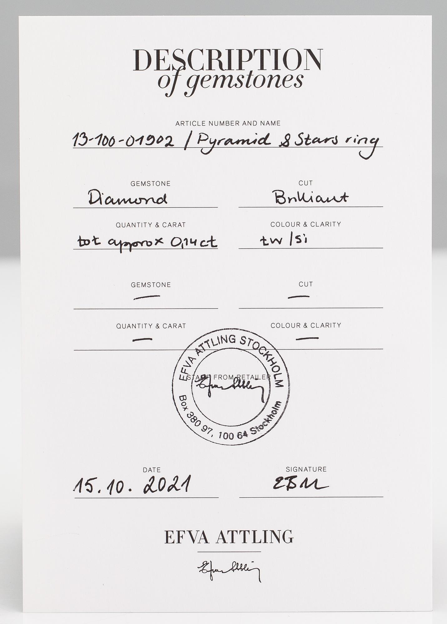 Efva Attling, Sormus "Pyramid & stars", sterlinghopeaa, timantteja n. 0.14 ct yht ja vuorikristalli.