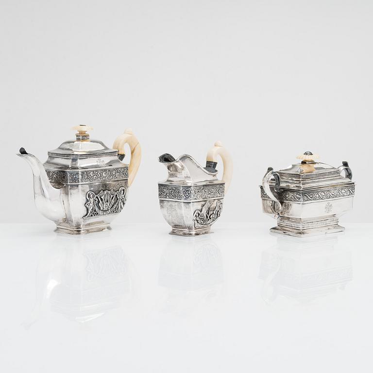 An 1830s three-piece silver tea set, Moscow, Russia.