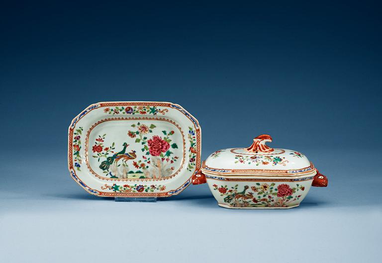A famille rose 'double peacock' tureen with cover and stand, Qing dynasty, Qianlong (1736-95).