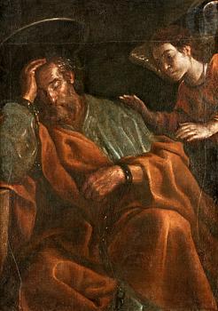 362B. Caravaggio (Michelangelo Merisi da Caravaggio) Hans efterföljd, Manligt helgon i bojor.
