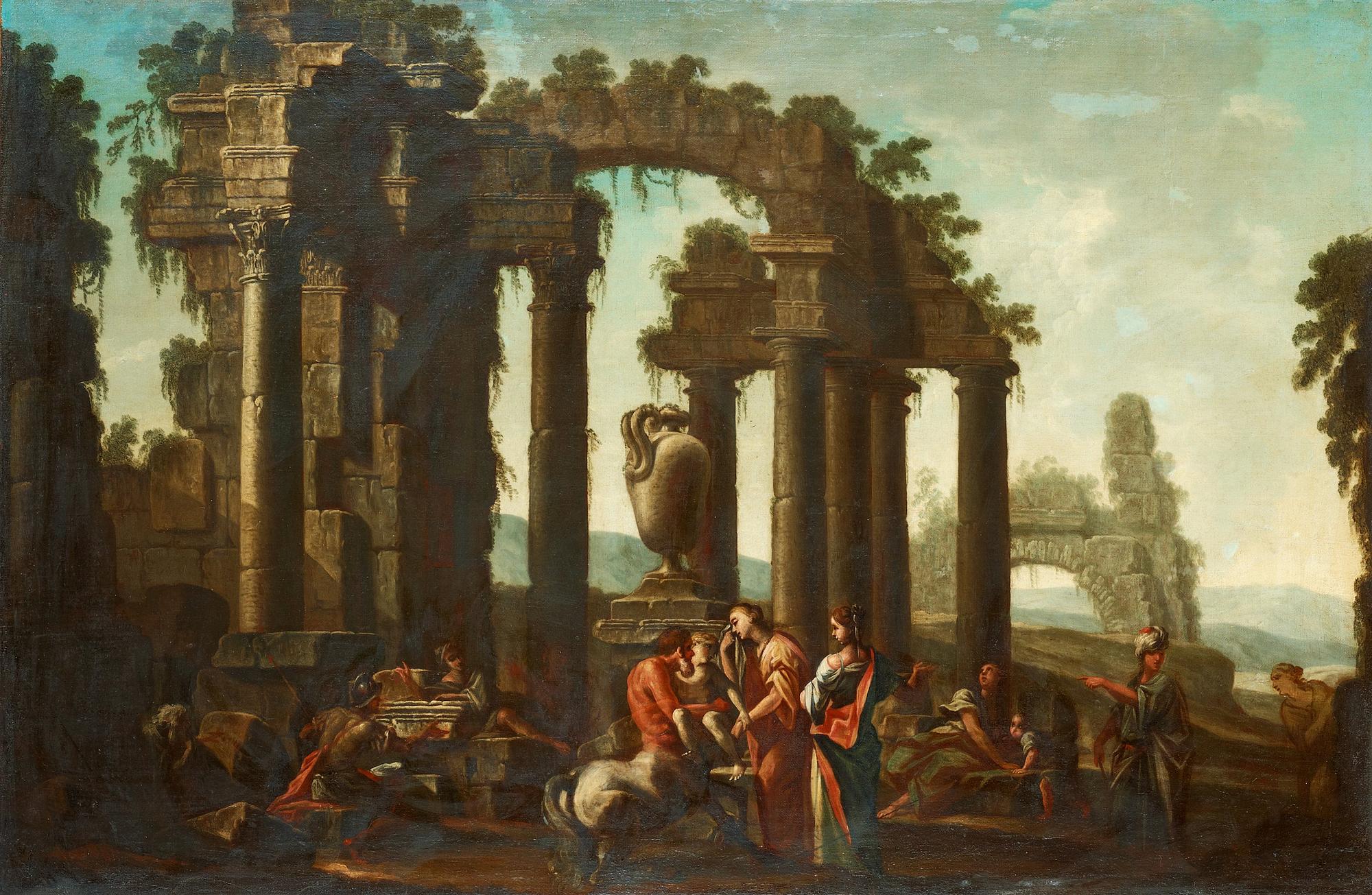 Clemente Spera Tillskriven, Ruinlandskap med Peleus som överlämnar Akilles till kentauren Keiron.