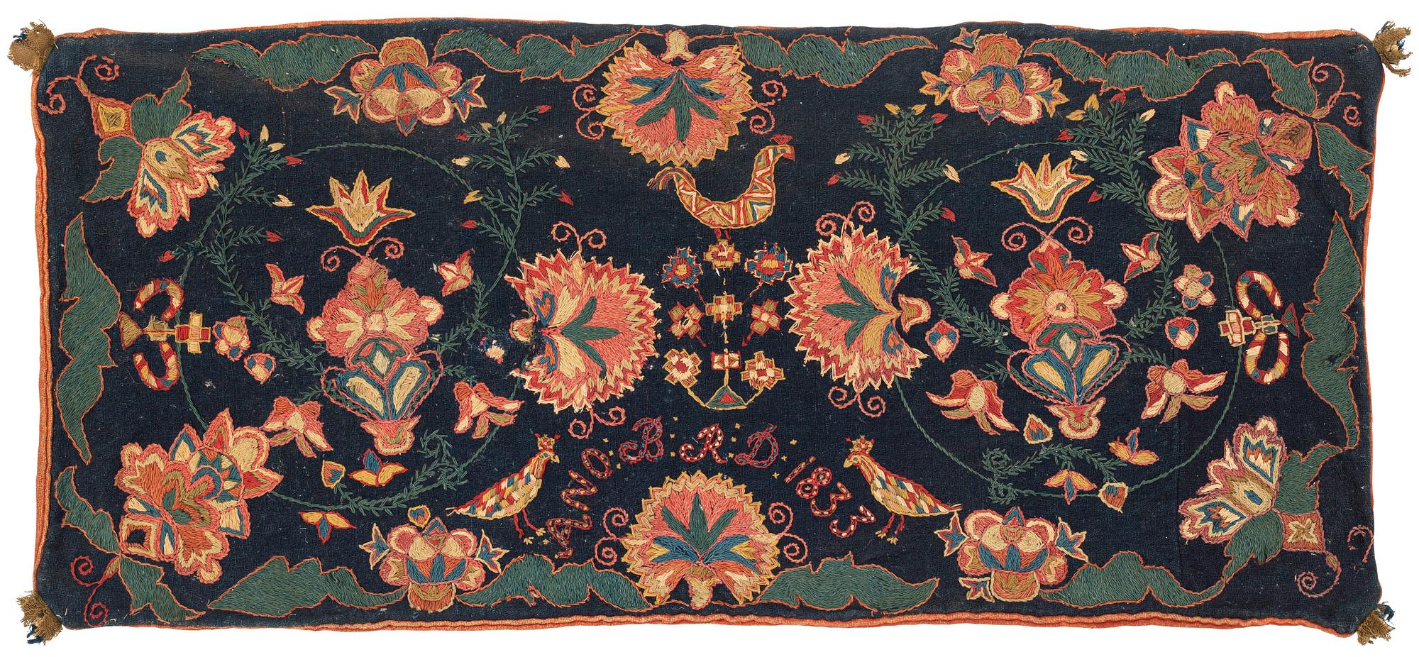 Åkdyna, broderad, ca 102 x 77 cm, signerad och daterad ANO BRD 1833, Skåne.