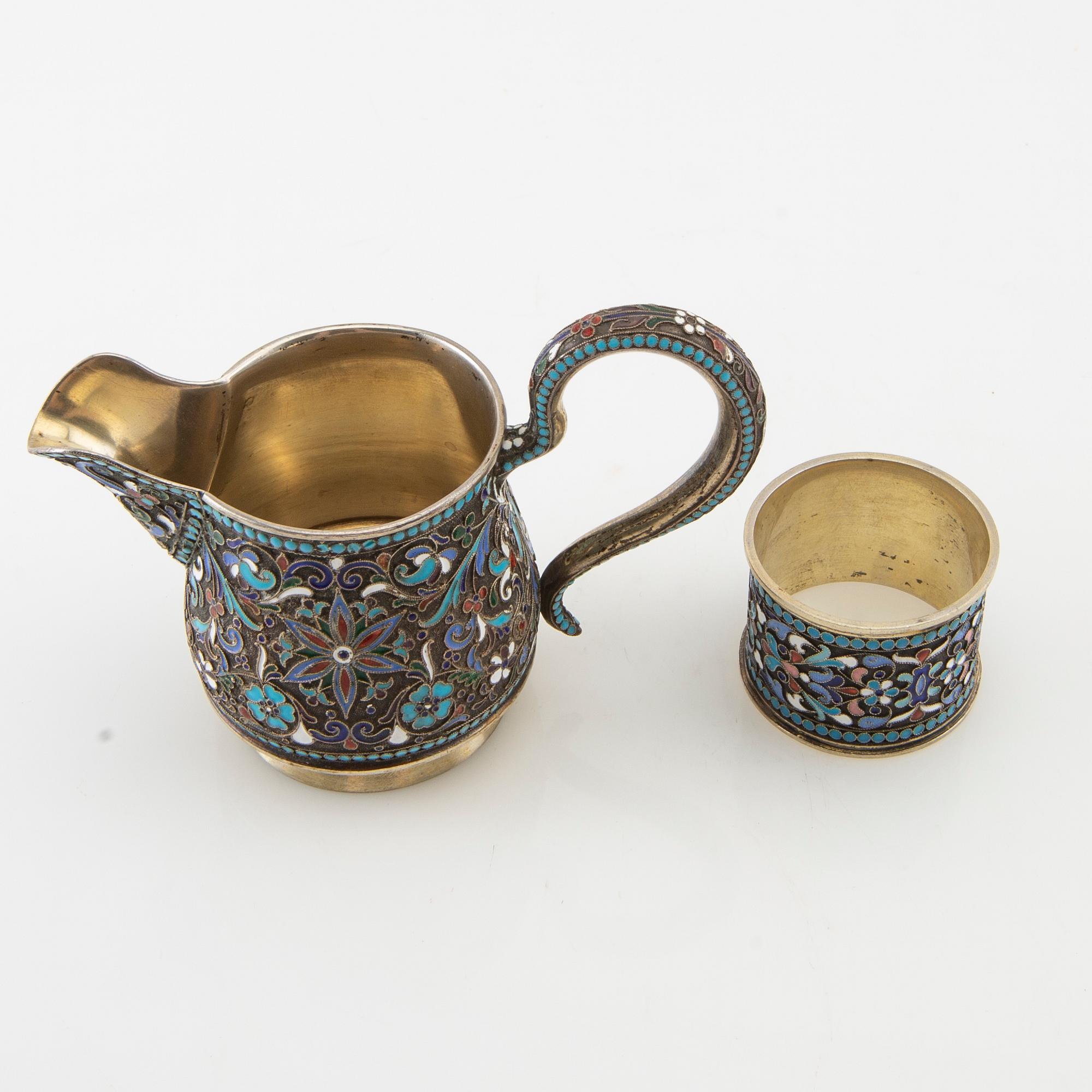 Cream jug and napkin ring Russia silver and enamel 1908-26.