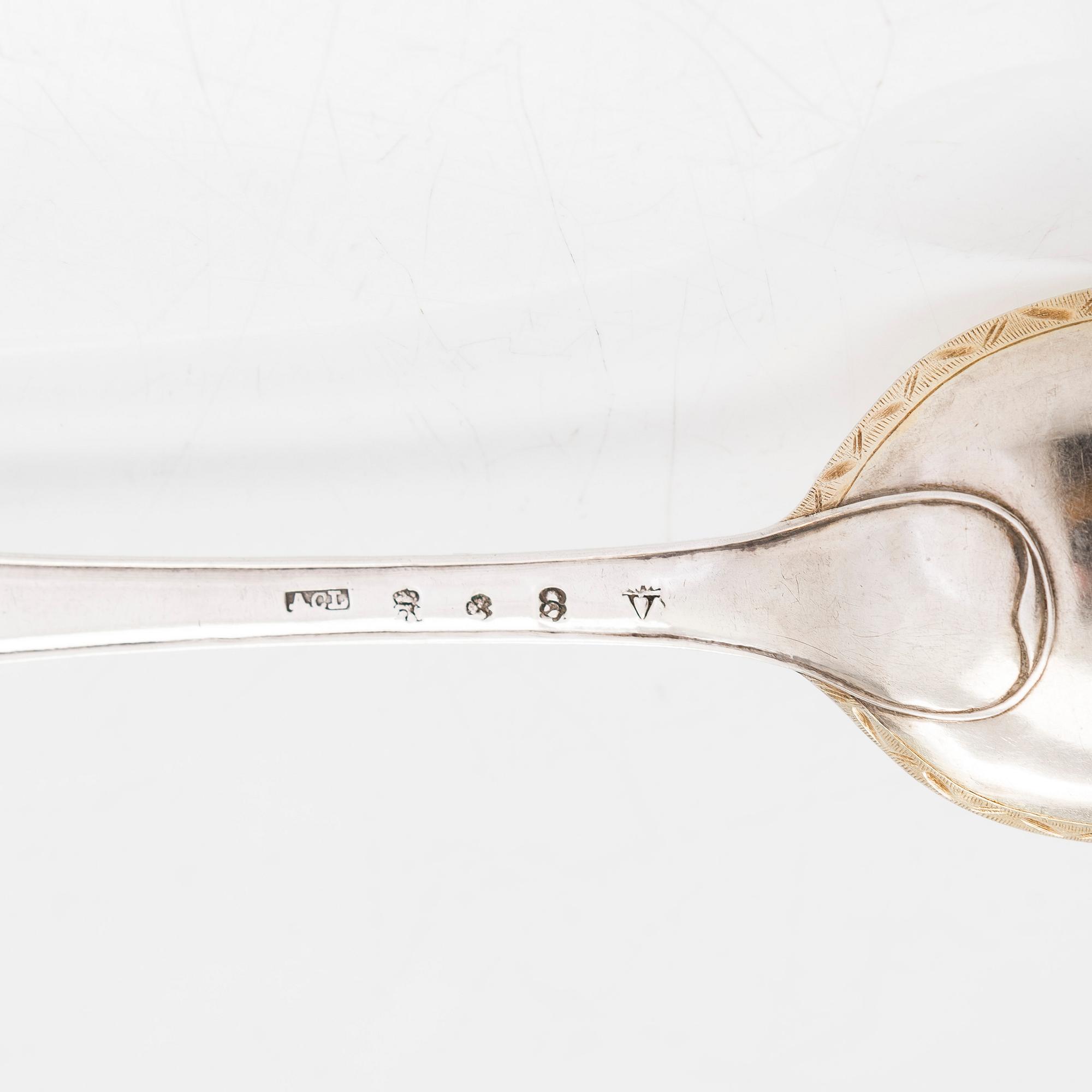 Six early 19th-century silver spoons, and a sprinkle spoon, mainly Tammisaari and Turku, Finland 1803-1820s.
