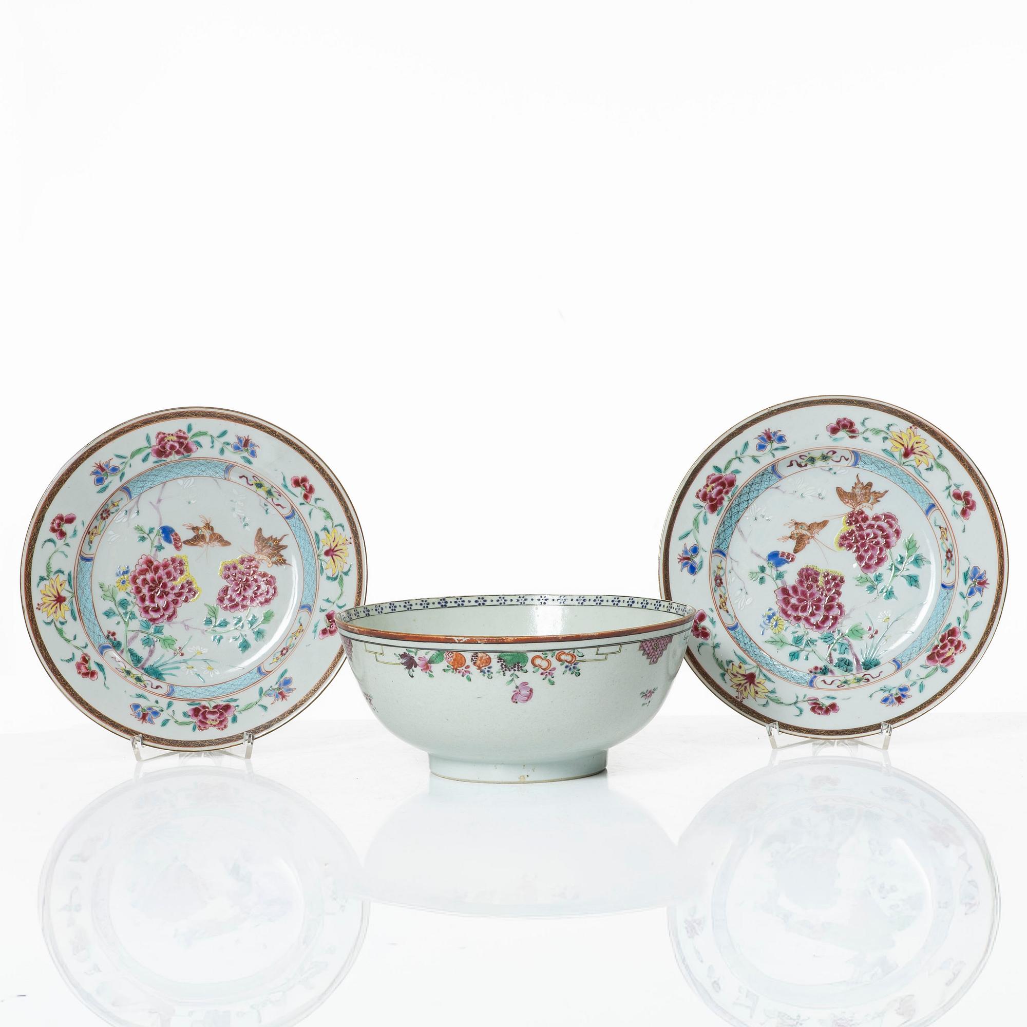 Two famille rose plates and a bowl, Qing dynasty, 18th century.