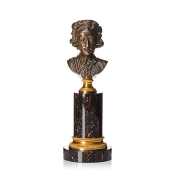 A patinated bronze, ormolu, and porphyry bust of Gustav III, after J. T. Sergel and attributed to F. L. Rung (1758-1837).