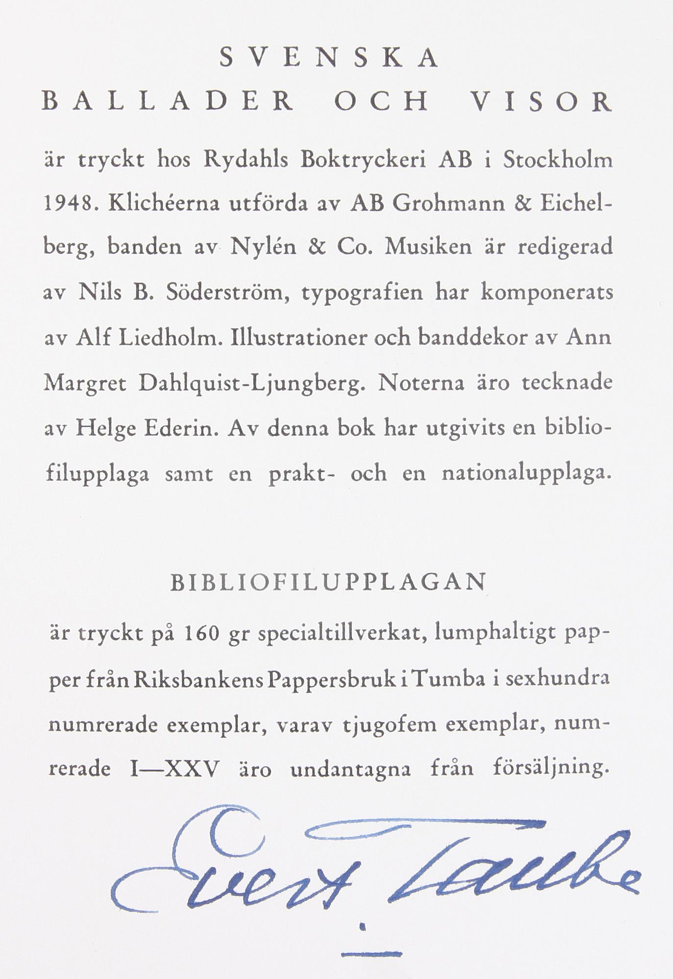 BIBLIOGRAFI, Evert Taube, sign o numr.