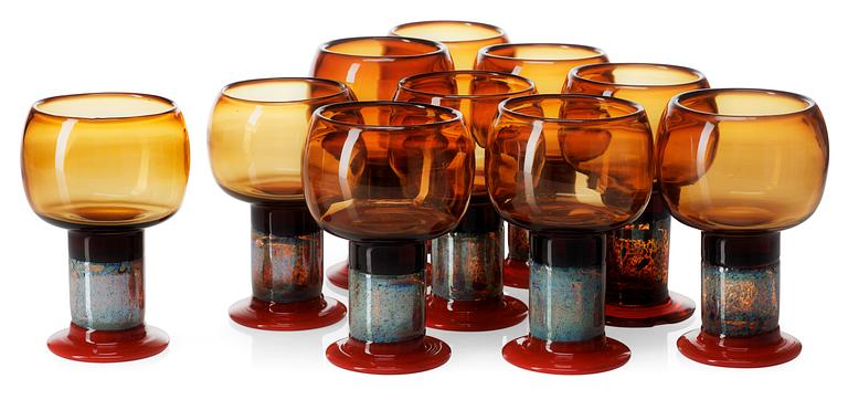 A set of ten Kaj Franck glass goblets, Nuutajärvi, Notsjö, Finland.