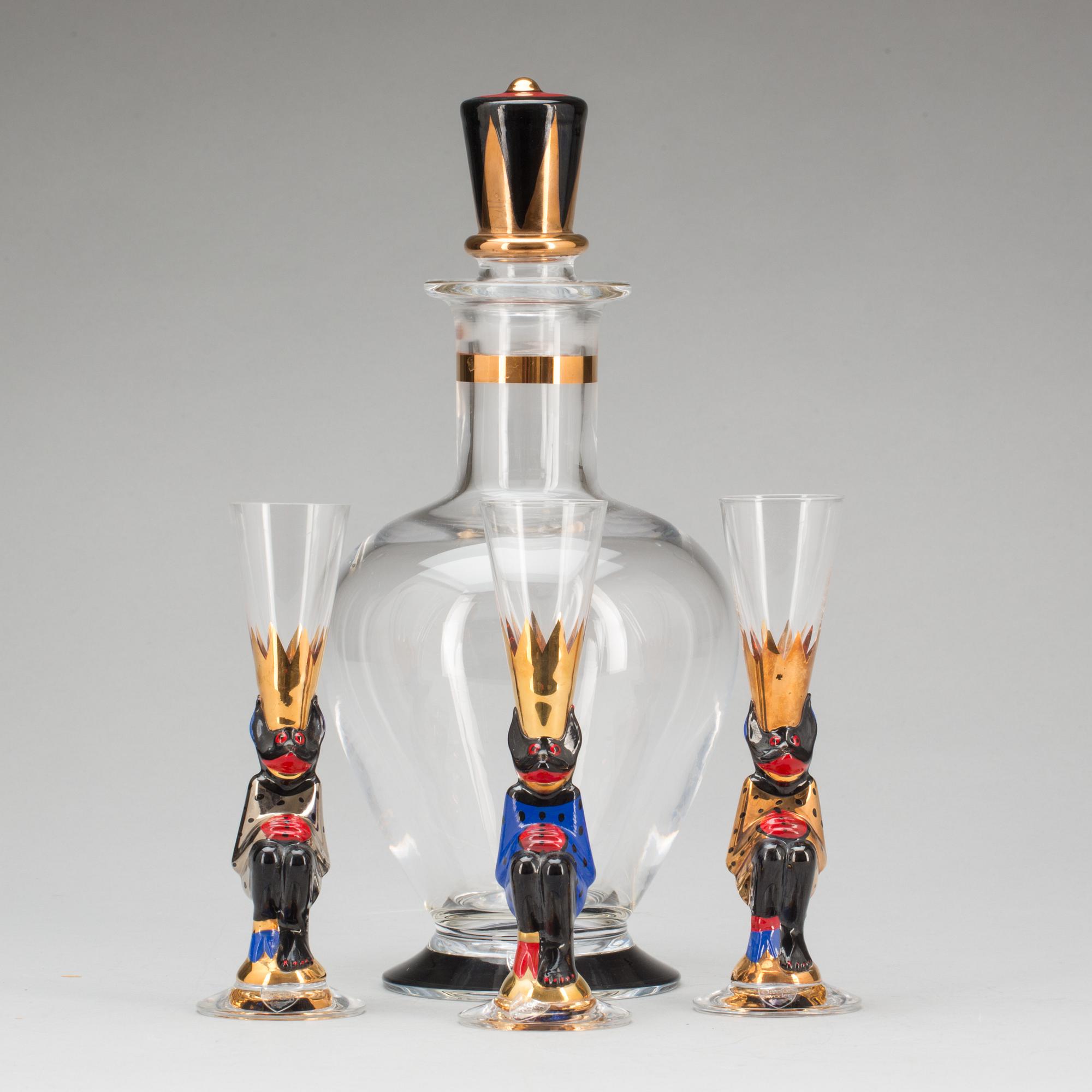 SNAPSGLAS OCH KARAFF, 3 st, glas, design Gunnar Cyrén, ur Nobelservisen. Orrefors.