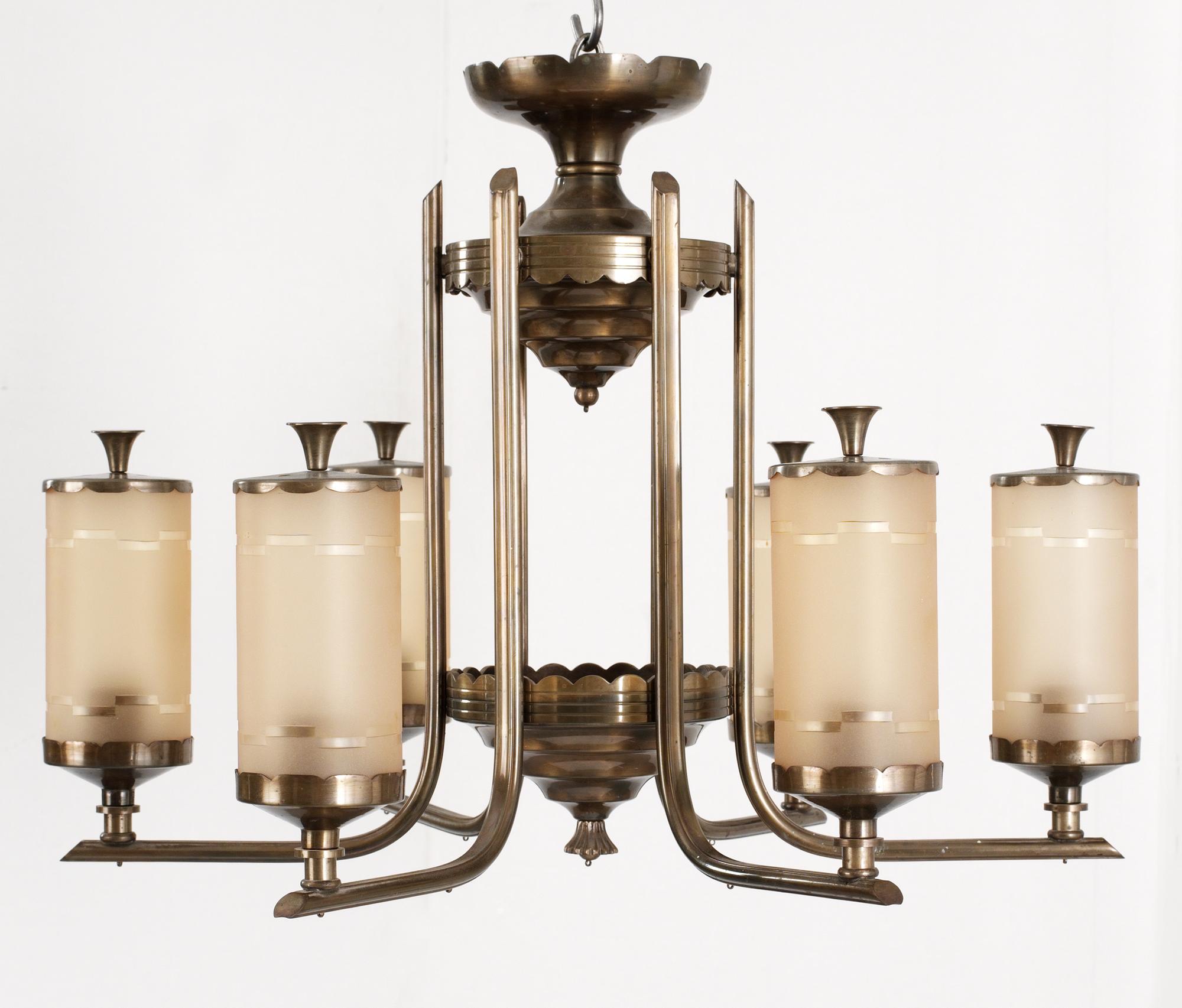 A Swedish six light brass ceiling lamp, 1930's.