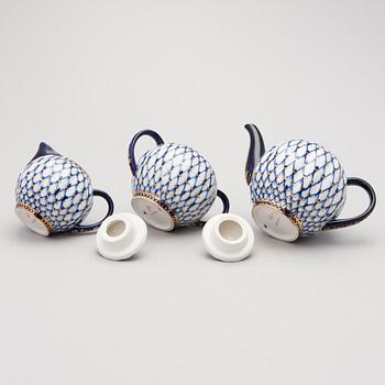 A 9-piece 'Cobalt net' porcelain tea set from Lomonosov, USSR.