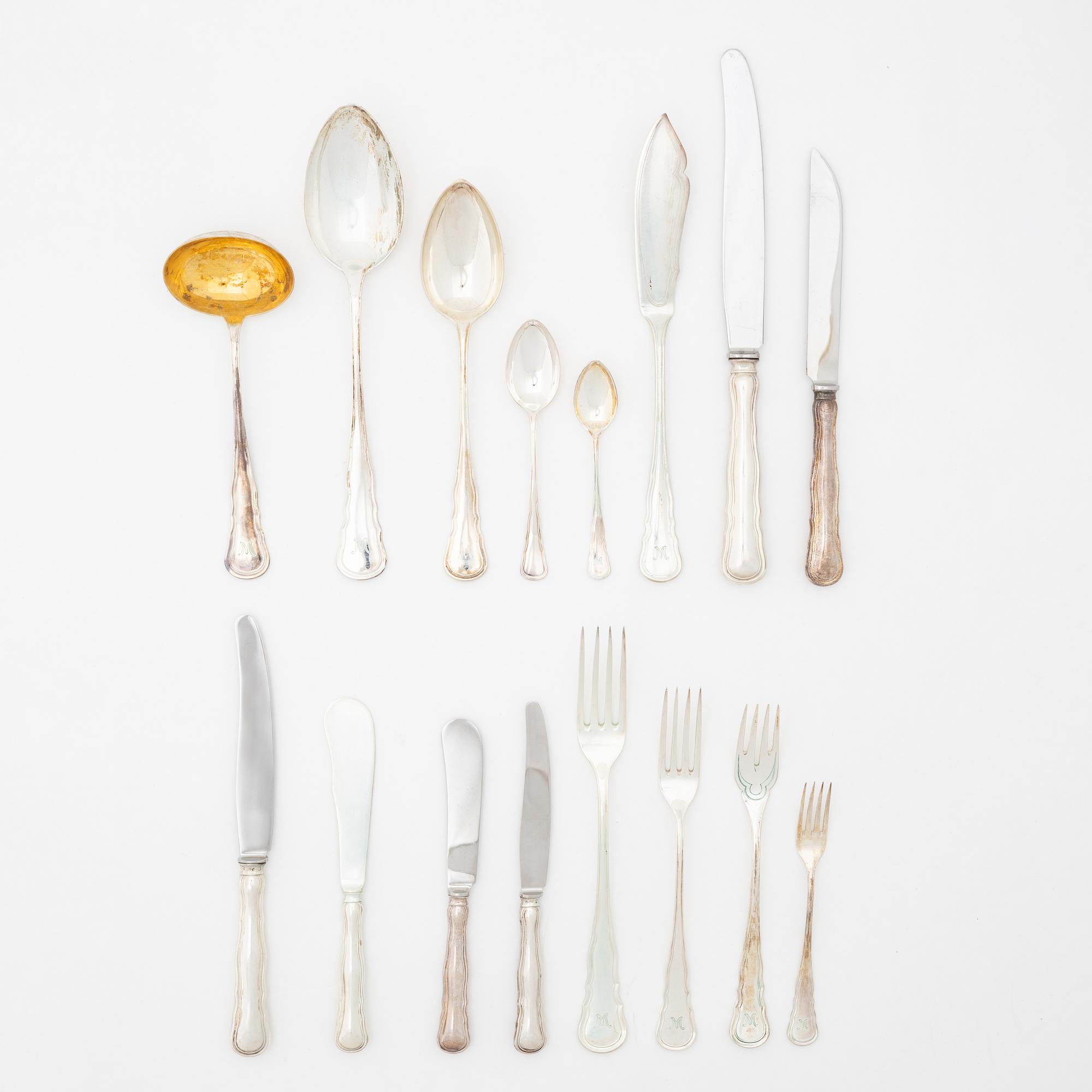 Bestickservis, 91 delar, silver, "Hallbergs Chippendale", CG Hallberg, bl.a. Stockholm 1923.