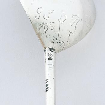 A probably Norwegian 18th century silver spoon, unidentified makers mark KH.