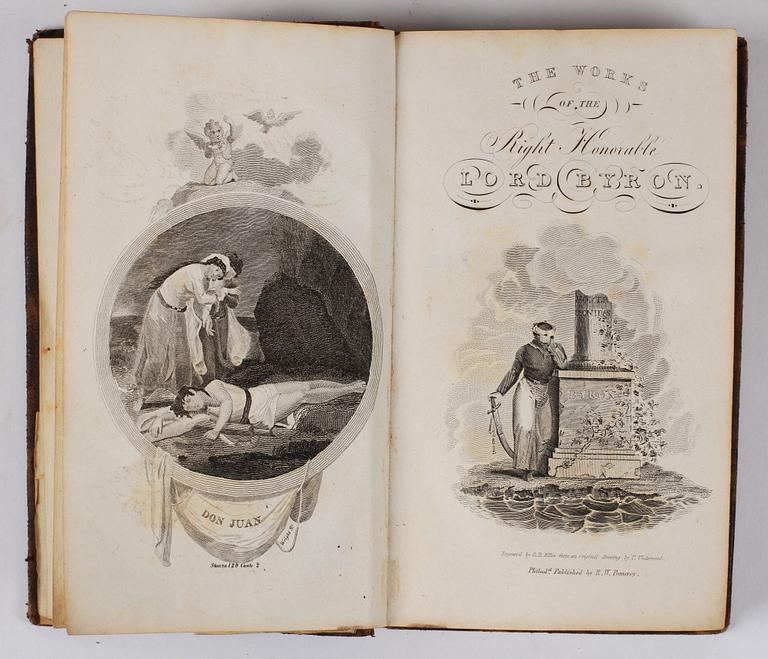 PARTI BÖCKER, 11 st, bla "Byrons works" 8 vol, tidigt 1800-tal.