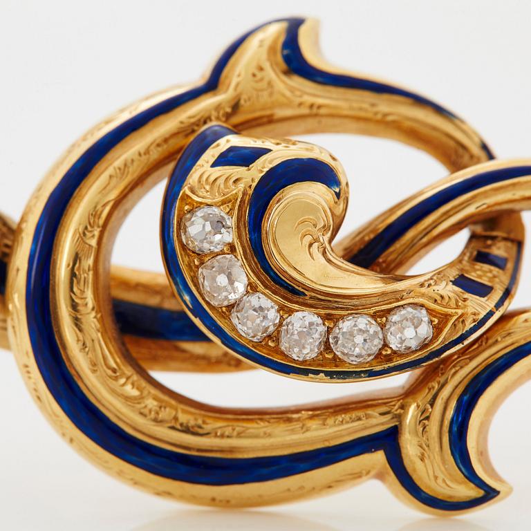 G Möllenborg brosch 18K guld med gammalslipade diamanter och med blå emalj.