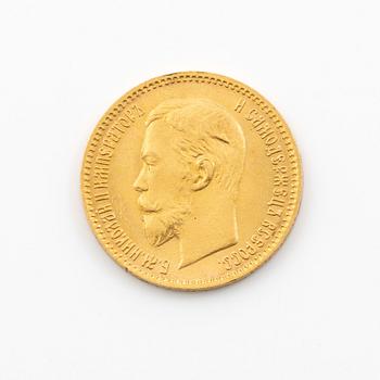 Gold coin, Nicholas II, Russia, 5 Rubles, 1904.