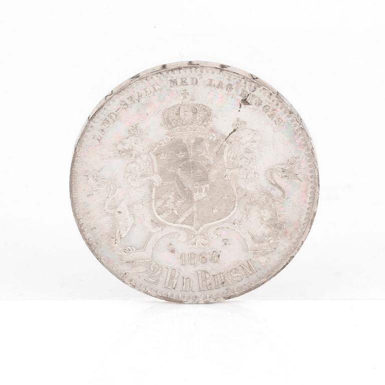 SILVERMYNT, 2 Riksdaler Riksmynt, Karl XV av Sverige o Norge 1864. Vikt ca 17 gram.