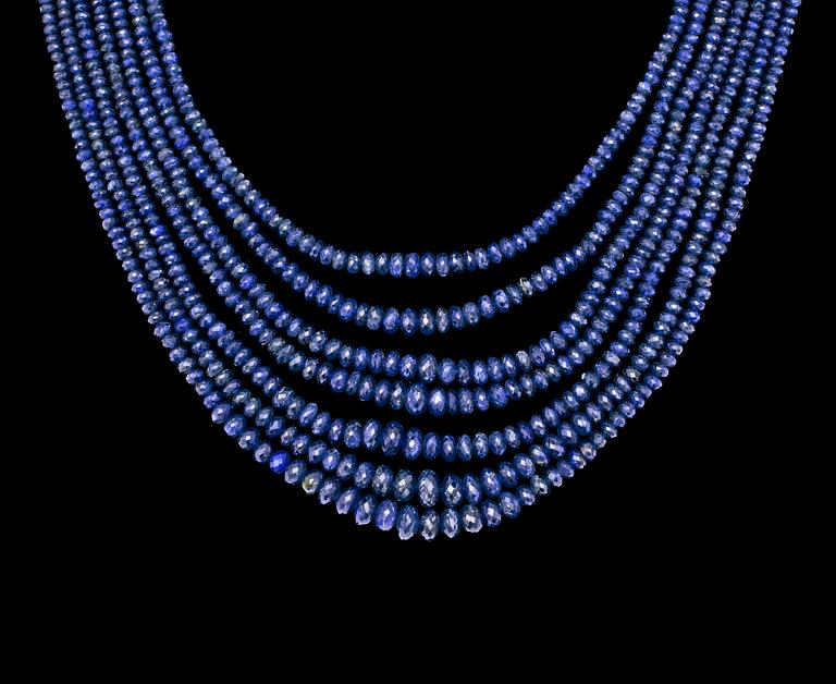 A multi-strand blue sapphire bead necklace.