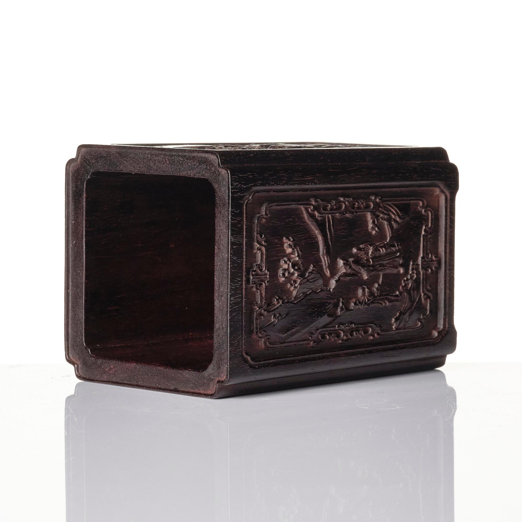 A well carved box with cover and brush pot, China, presumably Republic.