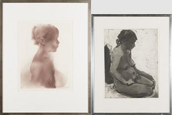 Juho Karjalainen, etsning, 2 st, signerade.