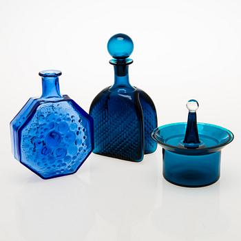 NANNY STILL, A glass sugar bowl, a decanter and a decorative bottle, Riihimäen Lasi oy, Finland 1960s.