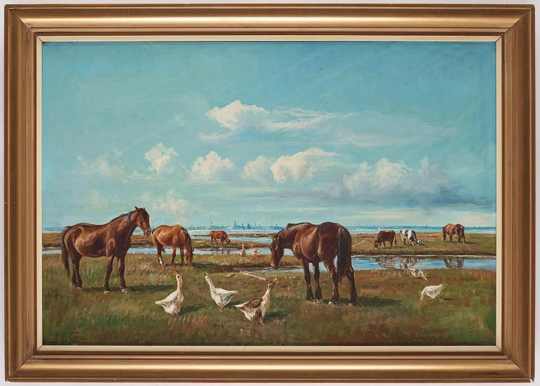 Niels Christiansen, A landscape with horses, cows and geese.