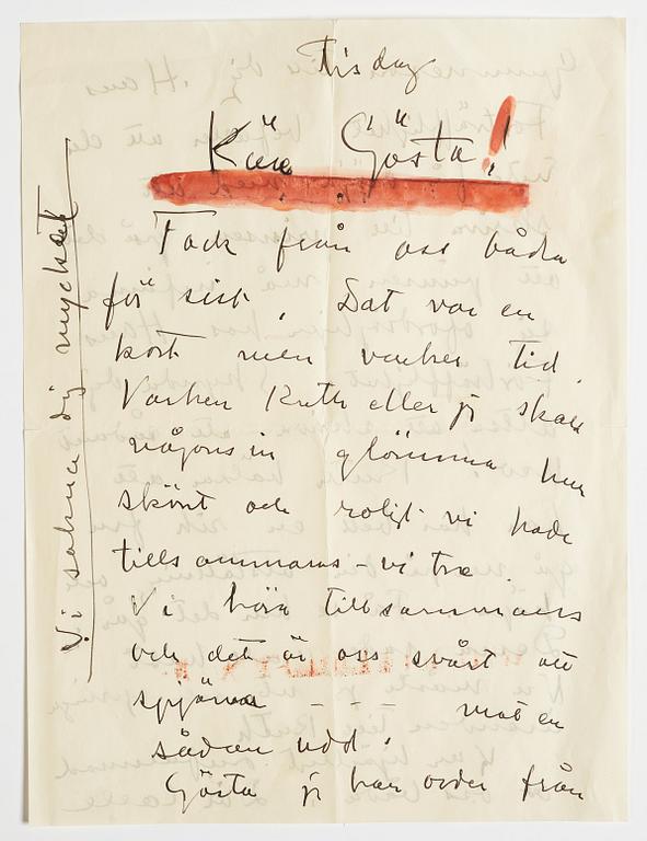 LETTER from Carl Kylberg in Stockholm to GAN (Gösta Adrian-Nilsson) in Lund. Undated. Probably written in 1926.