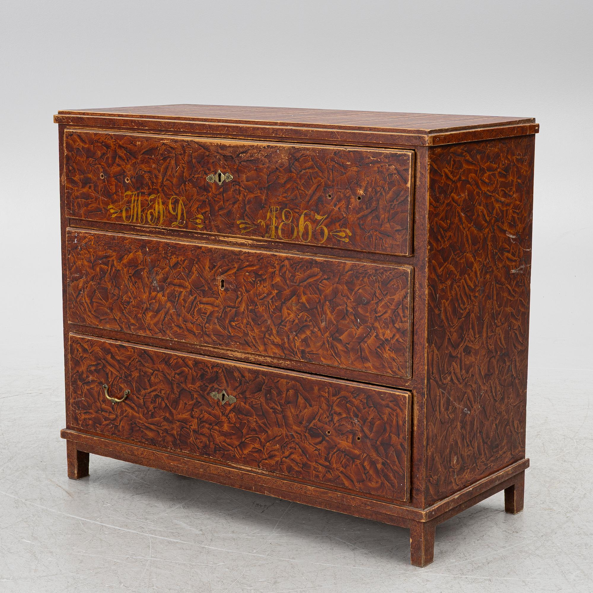 A chest of drawers, probably Värmland, dated 1863.