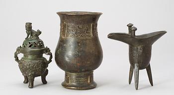 A  bronze vase, censer and libation cup, Qing dynasty.