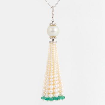 Cultured pearl, diamond and emerald bead necklace.