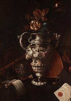 Pieter Gerritsz. van Roestraten, A vanitas still life with regalia, musical instruments, a reflecting imperial orb, a skull and bones and a charter group.