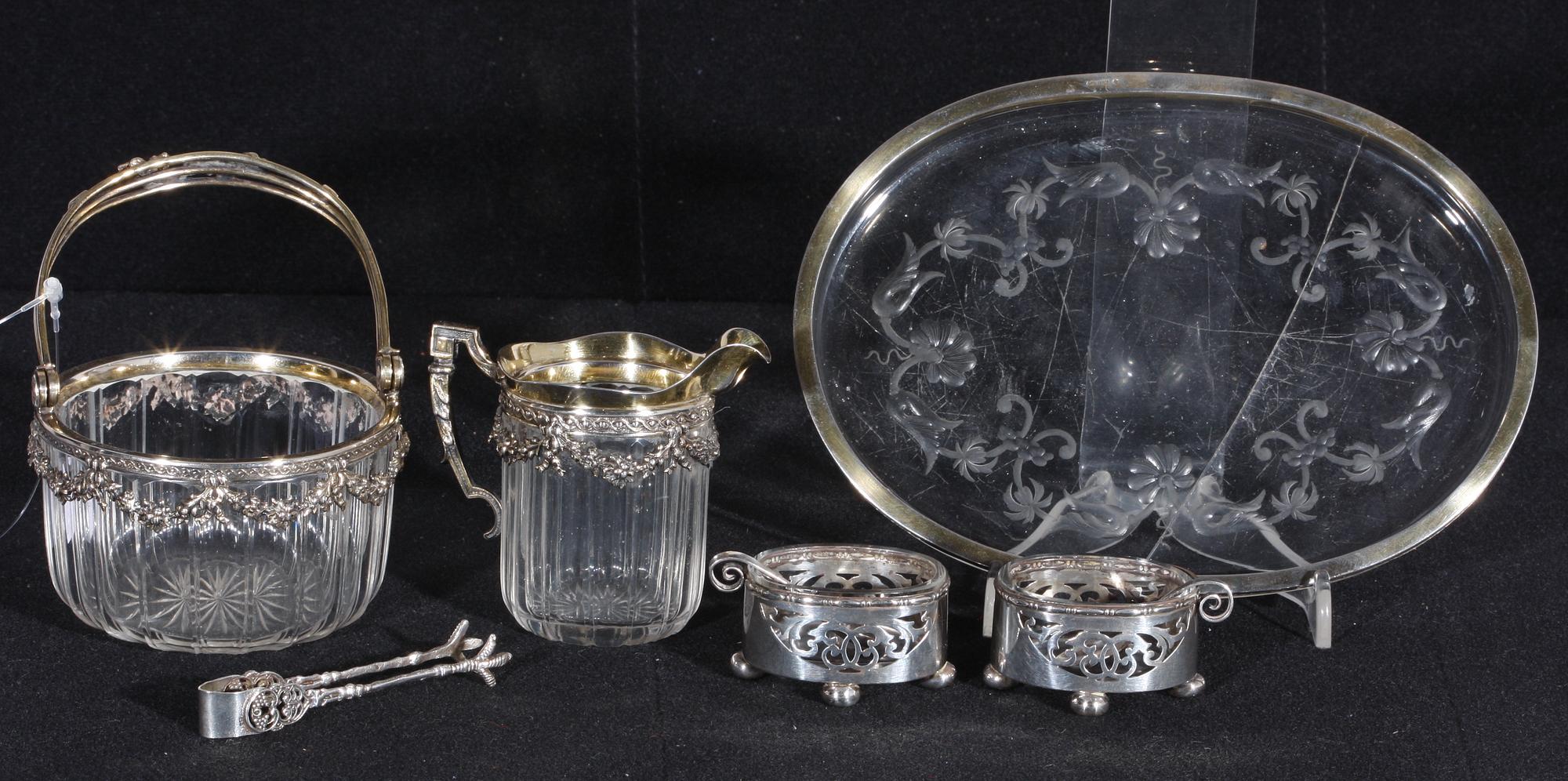 PARTI SILVER OCH GLAS. 6 delar, empirestil och jugend, bla Tyskland.