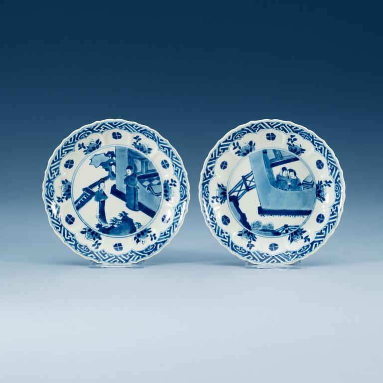 Two blue and white dishes, Qing dynasty, (Kangxi 1662-1722), with Chenghua six character mark.