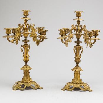 A pair of metal candelabra, late 19th Century.