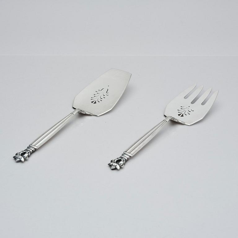 Georg Jensen, serveringsbestick för fisk, 2 delar, "Konge/Acorn", sterling silver, design Johan Rohde, Köpenhamn 1919-1927.