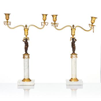 A pair of late Gustavian two-branch candelabra in the manner of F. L. Rung, Stockholm, circa 1800.