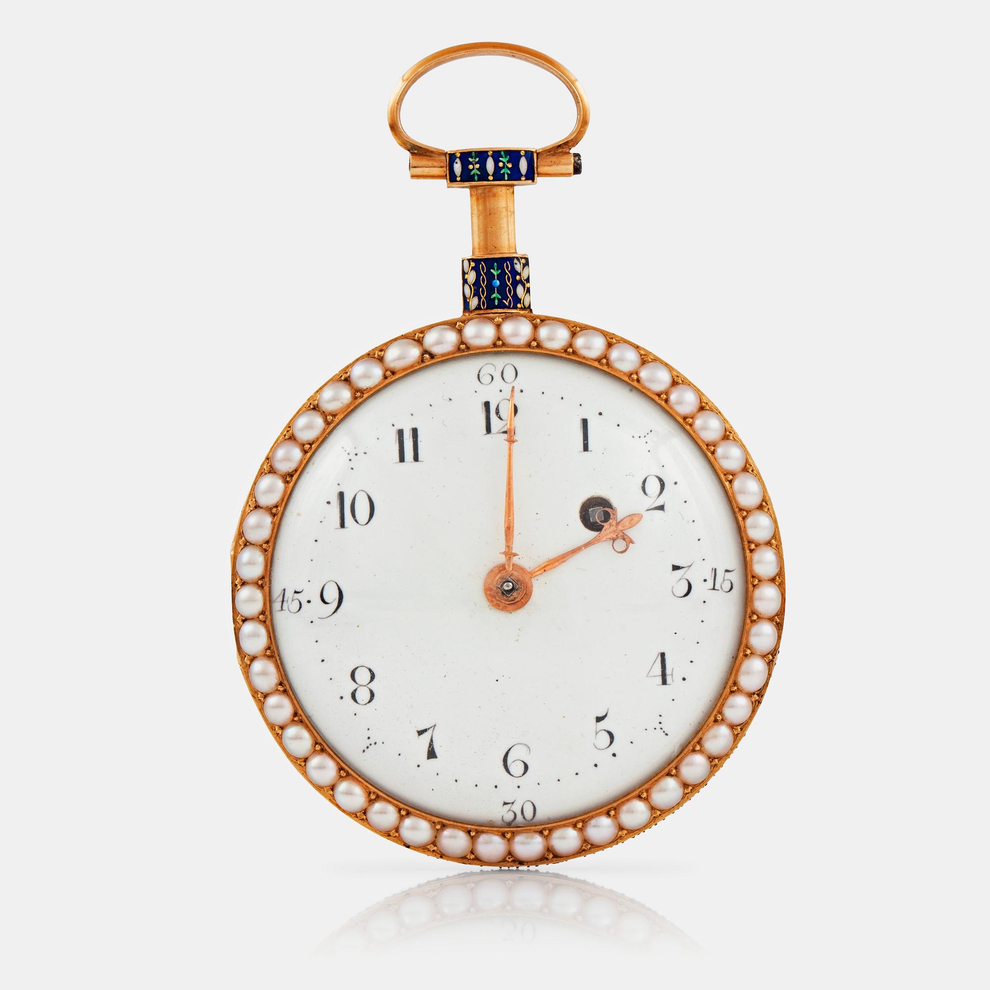 FICKUR, guld, emalj, pärlor samt pastestenar, märkt: "Breguet, Paris", sannolikt 1700-talets slut.