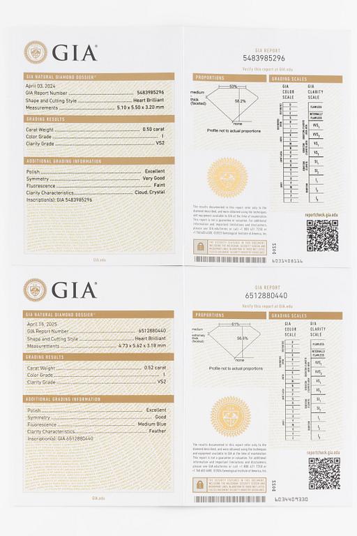 Earrings, 18K white gold set with heart-shaped diamonds. Accompanied by GIA dossier.