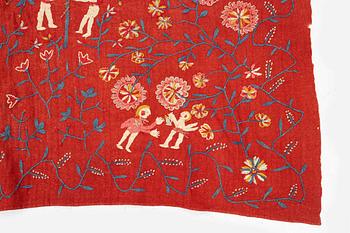 An embroided wool bed cover of 'fall of man' design, South west Scania, Sweden, first half of the 19th century.