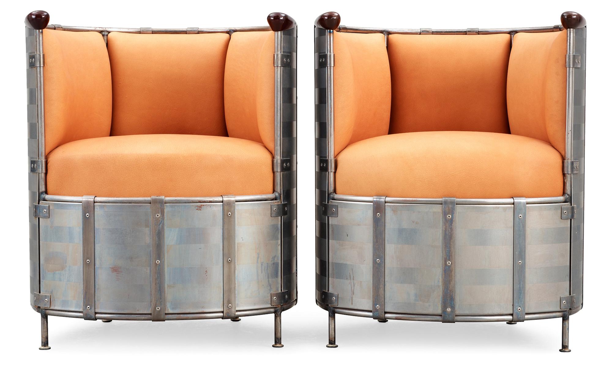 A pair of Mats Theselius moose leather armchairs 'Älgskinnsfåtöljen', Källemo Sweden 1991.