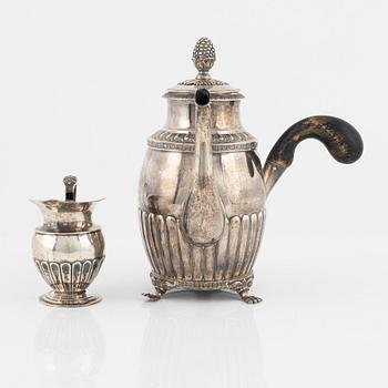 Coffee pot, silver, Anders Lundqvist, Stockholm, Sweden, 1817, and cream jug, silver, Sweden, 1834.