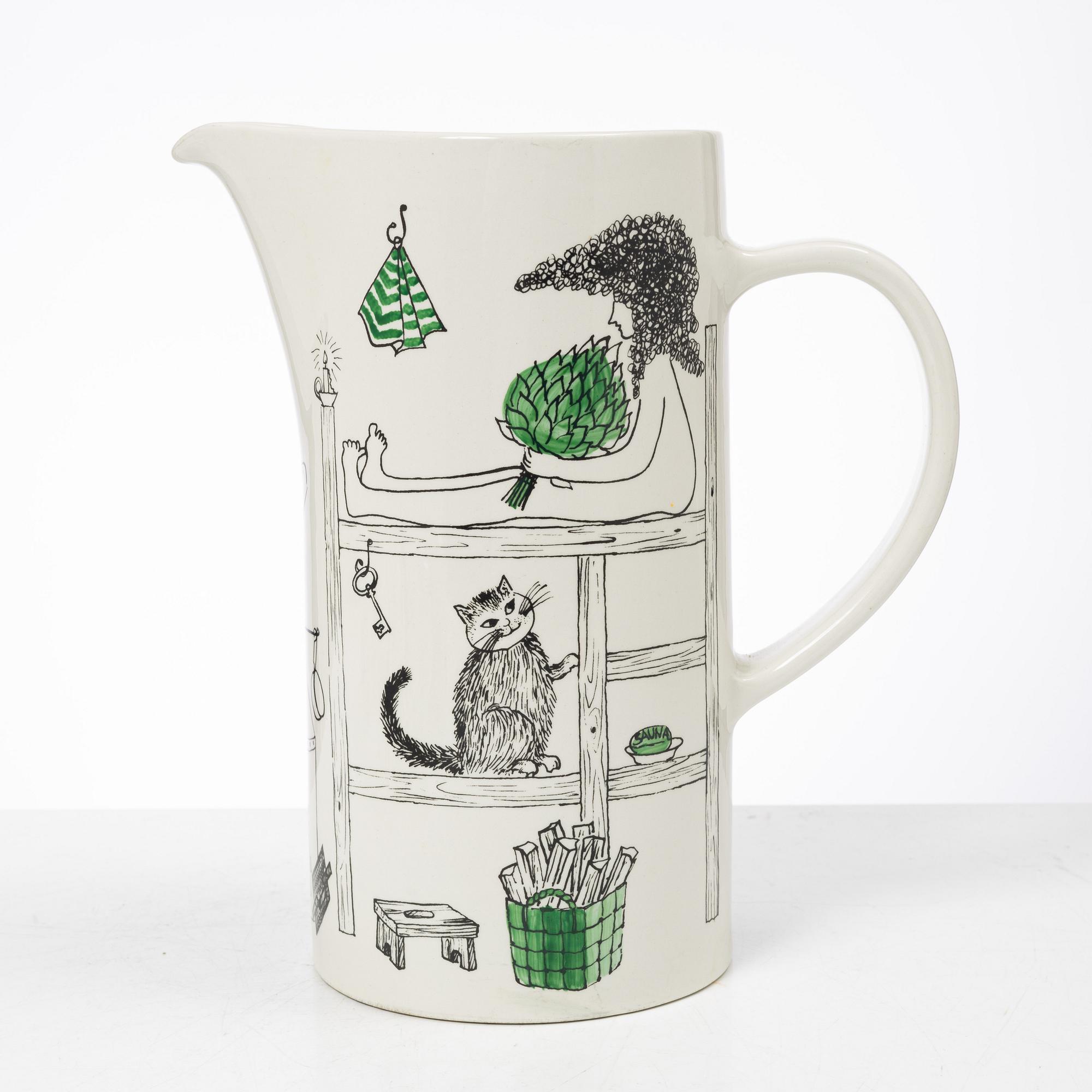 Gunvor Olin-Grönqvist, mugs, 4 pcs and a jug, Arabia, Finland, second half of the 20th century.