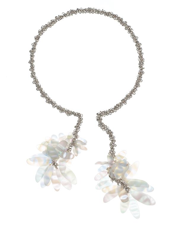 An Ingrid Bärndal sterling and plastic necklace,"Ice-leaves", Stockholm 2004.