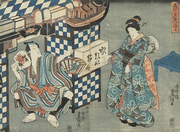 Utagawa Kunisada, diptych, Summer Scene of a Floral Holiday (Natsu keshiki hana no monbi).