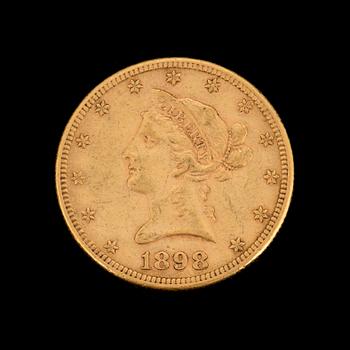 GULDMYNT, fine gold, 10 dollars, Liberty, USA. 1898. Vikt ca 17 gram.