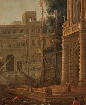 Hamnbild med Villa Medici och handelsmän.