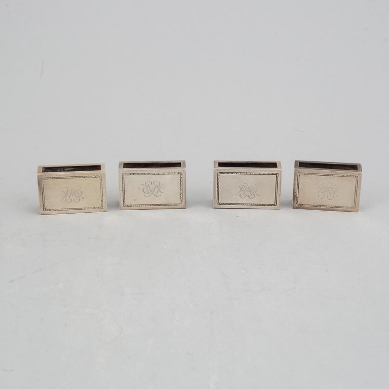 Atelier Borgila, 4 tändsticksfodral samt läskpappersvagga, silver, Stockholm 1922 samt 1939.